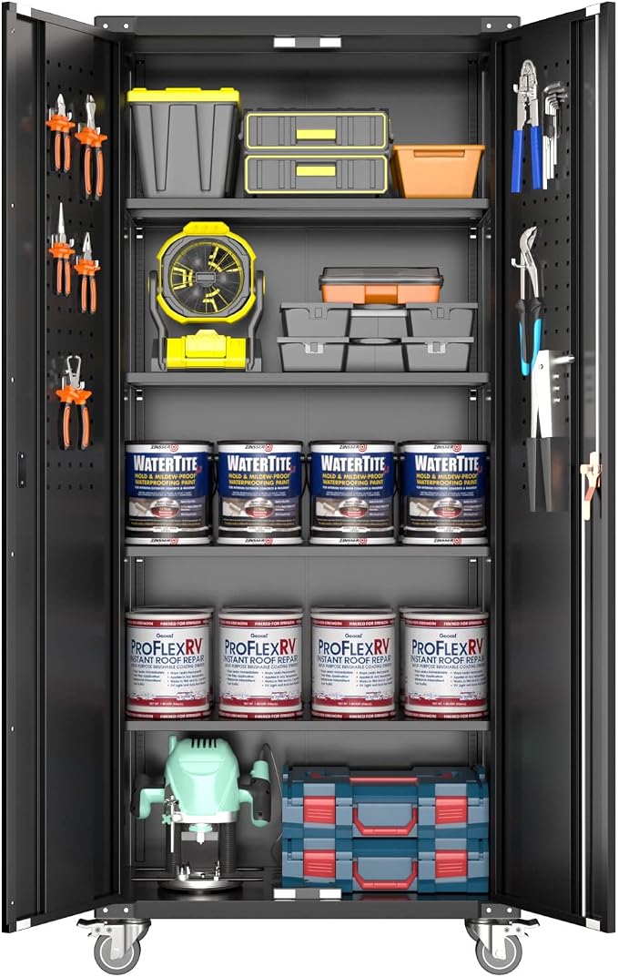 72" Metal Storage Cabinet with Wheels and Pegboard, Lockable Rolling Steel - Image 7