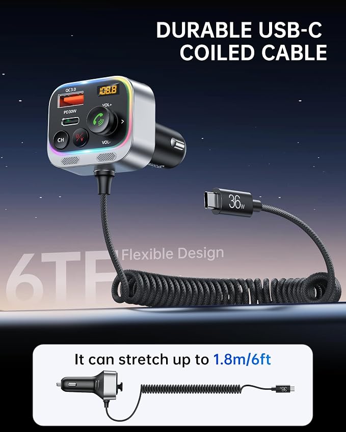 Syncwire Bluetooth 5.4 FM Transmitter Car Adapter 66W PD & QC 3.0 Fast Charging - Image 6