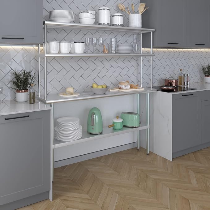 Amgood Stainless Steel Work Table Wide Double Tier Overshelf | NSF | Metal - Image 5