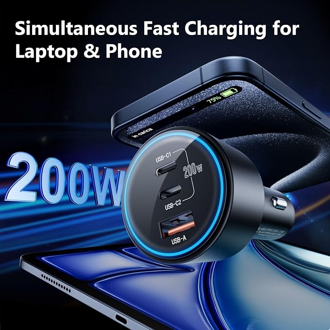 USB C Car Charger Fast Charging 200W, Dual PD 100W Type C Car Charger, - Image 2