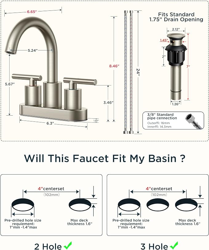 FORIOUS Brushed Nickel Bathroom Faucet 2 Hole, 4 Inch Centerset Bathroom Sink - Image 9