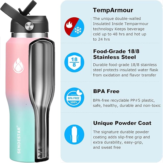 SENDESTAR 40oz Stainless Steel Water Bottle, Double Wall Vacuum Insulated Bottle - Image 2