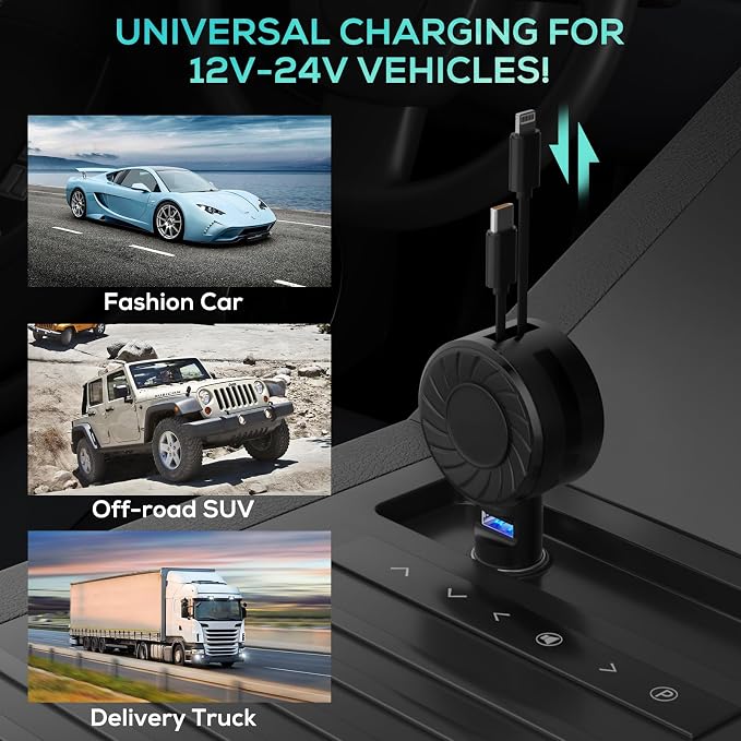 Retractable Car Charger, 3 in 1 Fast Charging Phone Charge 50W, Mini Car Adapter - Image 7