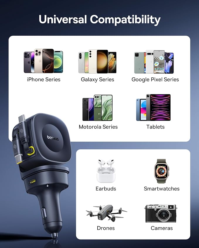 Baseus 163W Retractable Car Charger USB C Fast Charging, PrimeTrip VR2 Max 4 in - Image 8