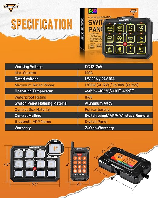 Auxbeam RGB 12 Gang Bluetooth Switch Panel AC-1200 w/165FT Long Range 433MHz - Image 7