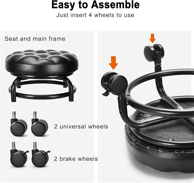 Low Height Rolling Stool Roller Stool PU Leather Comfortable Seat 360°Swivel - Image 4