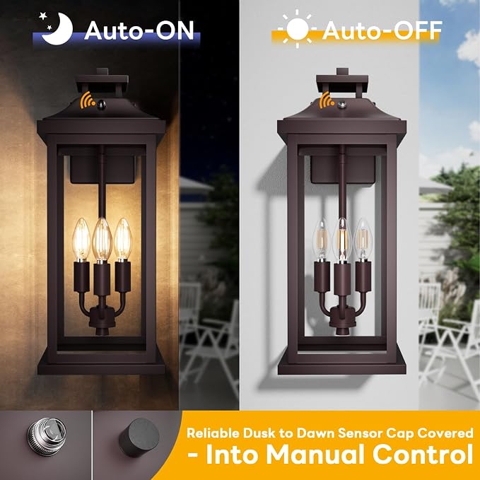 Oil Rubbed Bronze Dusk to Dawn Outside Lights 3-Light, Vintage Exterior Sconce - Image 2