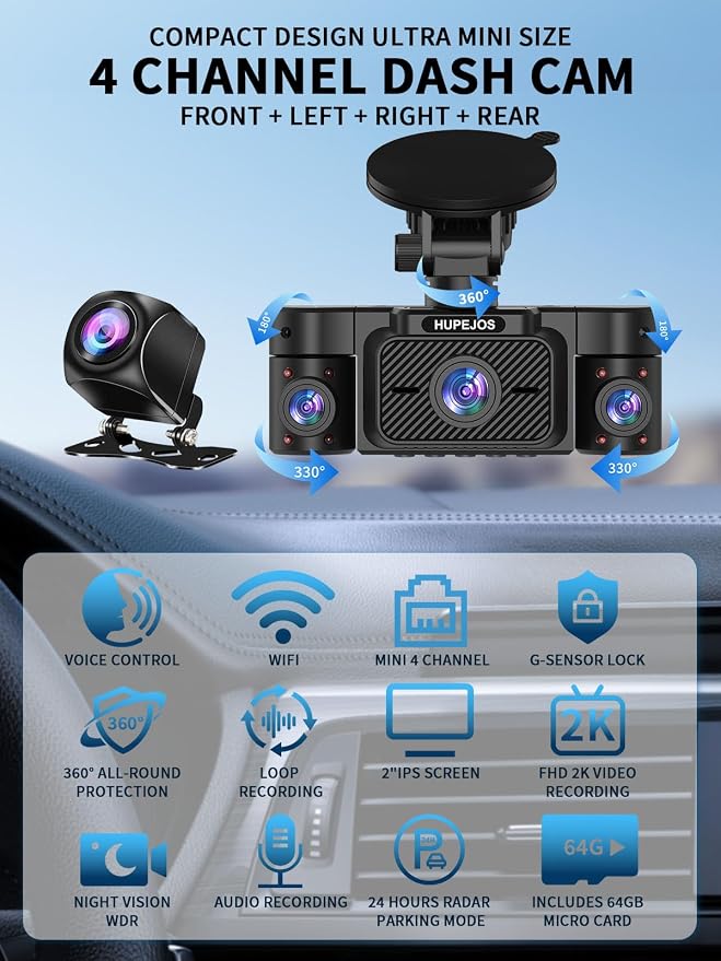 Dash Cam Front and Rear, 360 Dgree View 4 Channel Dash Camera - Image 3