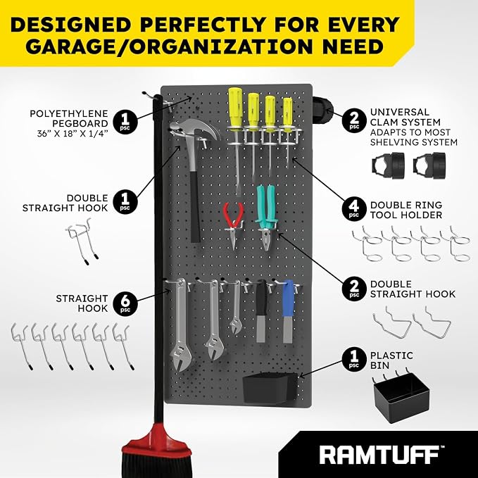 Ramtuff Universal PegBoard Kit for Plastic Shelving- Garage Storage Organizer - Image 4