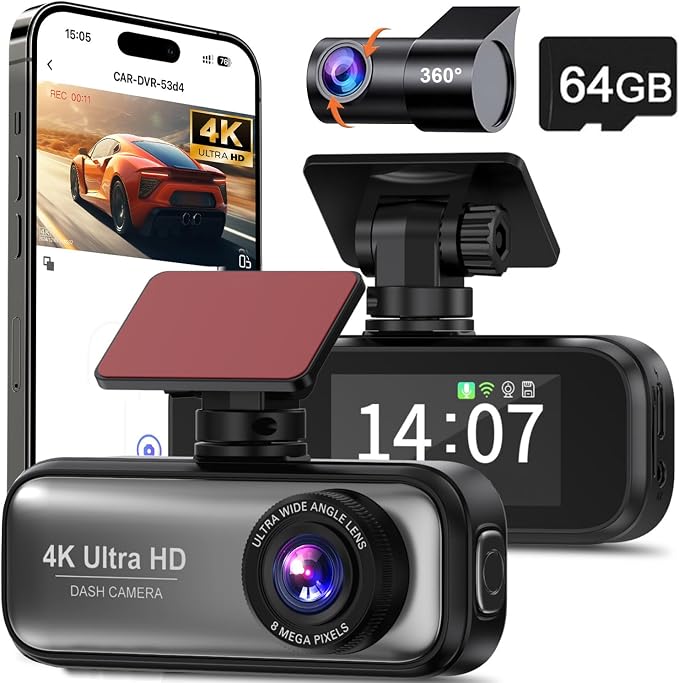 Dash Cam Front and Rear with 64GB Card, 4K+1080P Dual Dash Camera by VIKEWE
