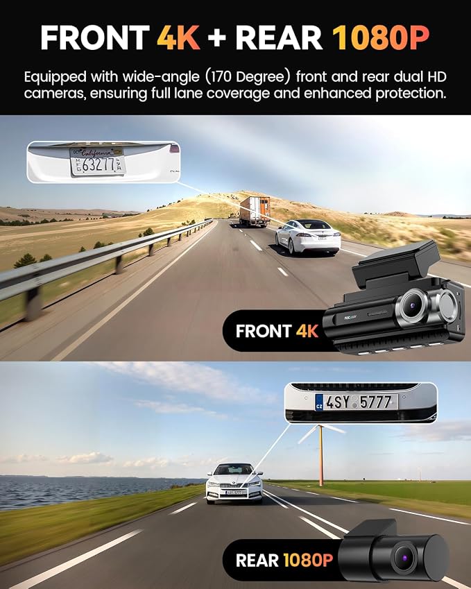 Dash Cam Front Rear 4K Built-in 5G WiFi GPS, Voice Control, 3.39 inch IPS Screen - Image 2