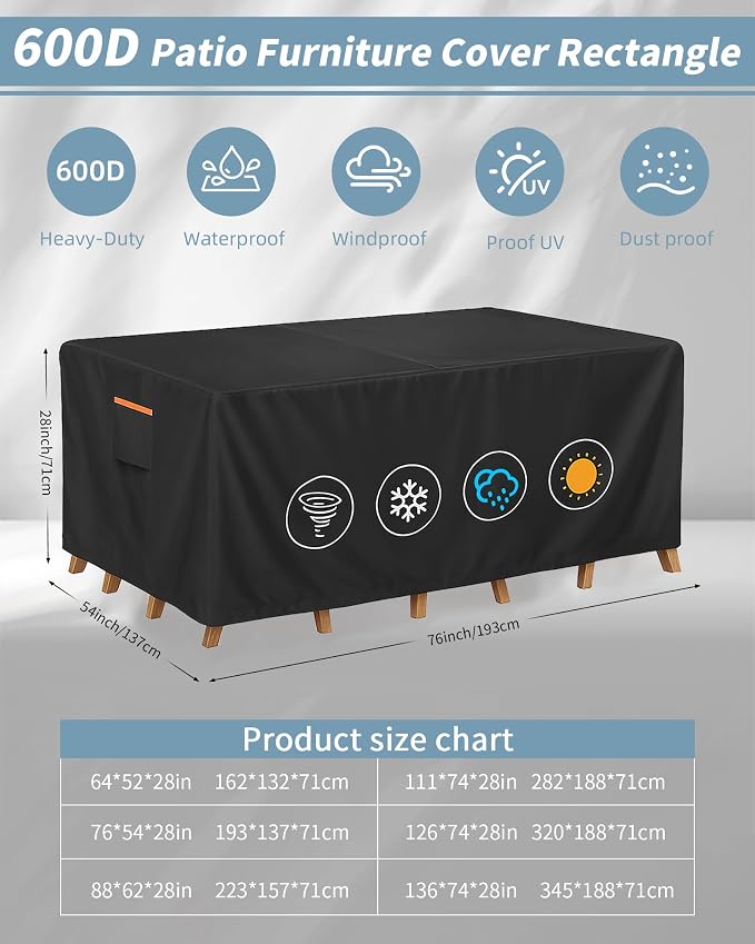Outdoor Waterproof Furniture Cover, 76W x 54L x 28H inches Heavy Duty 600D - Image 3