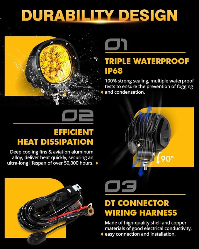 Auxbeam P4 Series Flood Beam Amber Round Light Pods, 4 Inch 90W Yellow Flood - Image 4