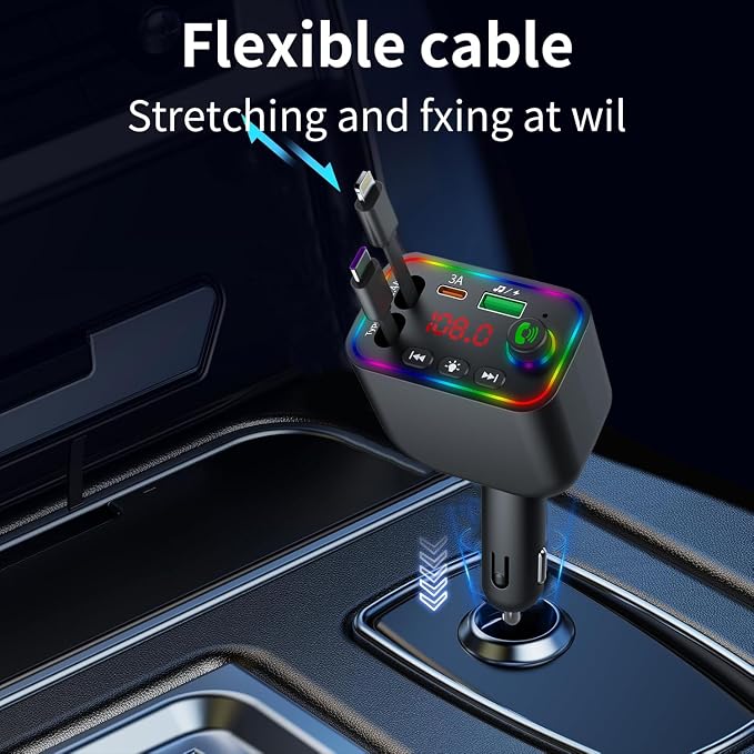 Vitog Retractable Car Charger, Wireless Bluetooth 5.3 FM Transmitter 100W USB C - Image 2