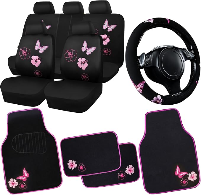 CAR PASS Universal Cloth Butterfly Car Seat Covers Full Set, Embroidered Flower by CARPASS