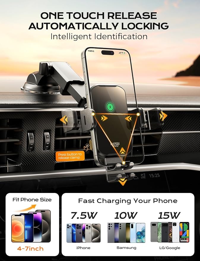 CHGeek Wireless Car Charger Phone Holder Mount, 15W Fast Charging Auto Clamping - Image 4