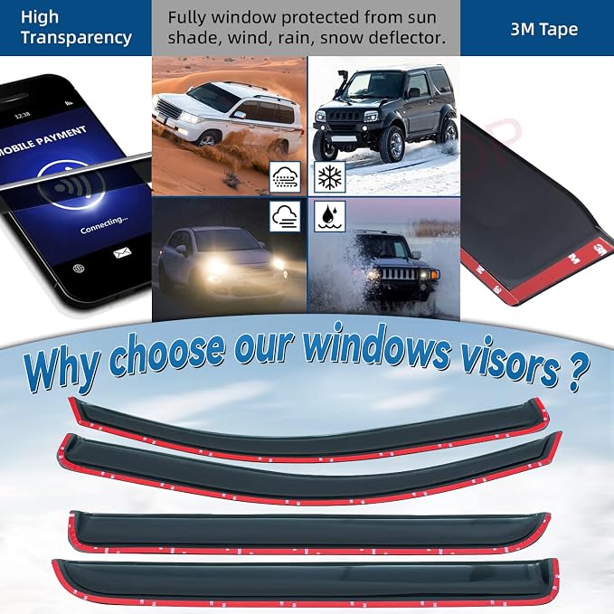 Set of 4 Front+Rear Smoke Sun/Rain Guard Outside Mount Tape-On Acrylic Window - Image 2