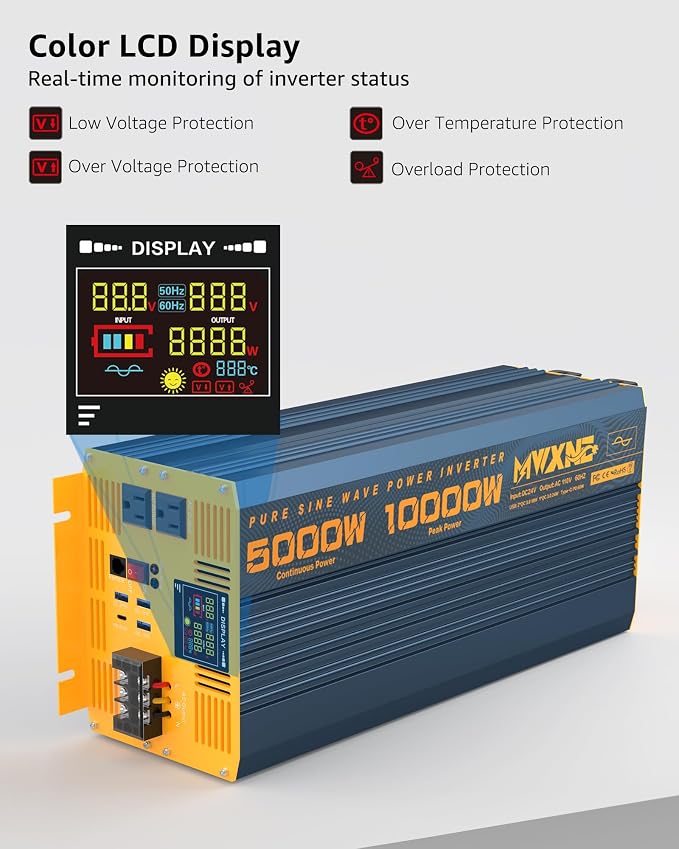5000 Watt Power Inverter Pure Sine Wave 24V DC to 110V 120V 10000W Peak Heavy - Image 3