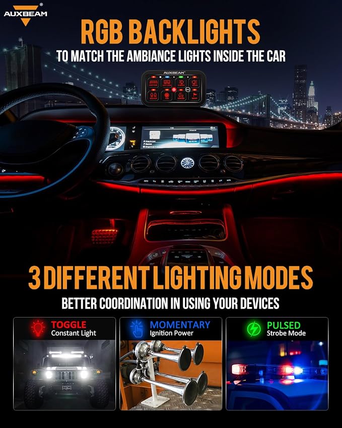 Auxbeam 8 Gang Switch Panel RA80 Toggle Momentary Pulsed RGB Dimmable - Image 3