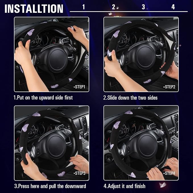 Car Pass Purple Embroidery Butterfly Steering Wheel Cover, Universal 15 Inch - Image 6