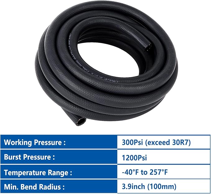 LokoCar Rubber Fuel Hose Line Push Lock 3/8" ID SAE 30R7 NBR 25ft 300PSI Black - Image 6
