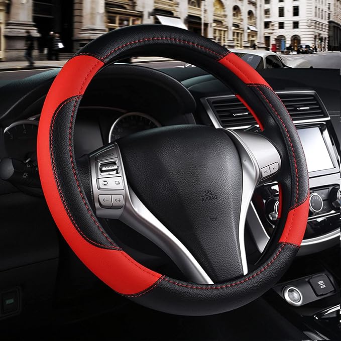 Leather Car Steering Wheel Cover, Non-Slip Car Wheel Cover Protector Breathable by Szttswamp