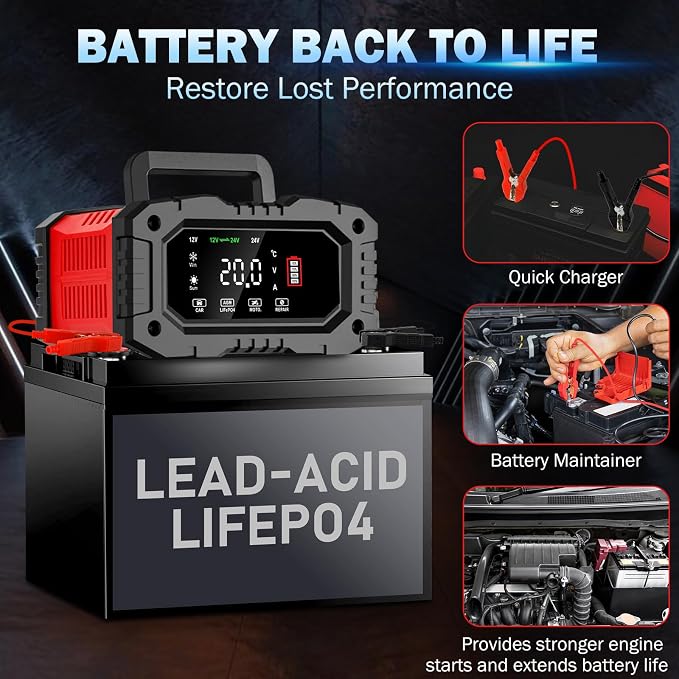 20-Amp Car Battery Charger, 12V/20A and 24V/10A LiFePO4, Lead-Acid Automatic - Image 6