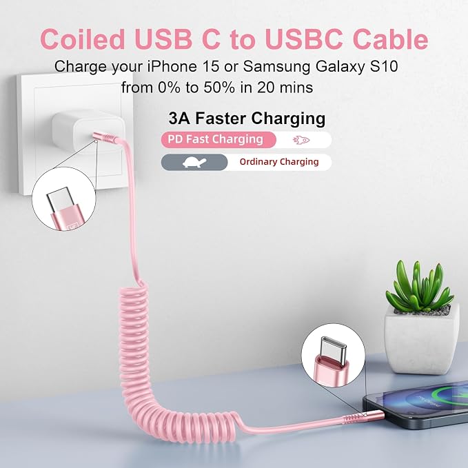 USB C to C Cable 3FT for Car, Coiled USB C Fast Charging Cable for iPhone 16 - Image 2