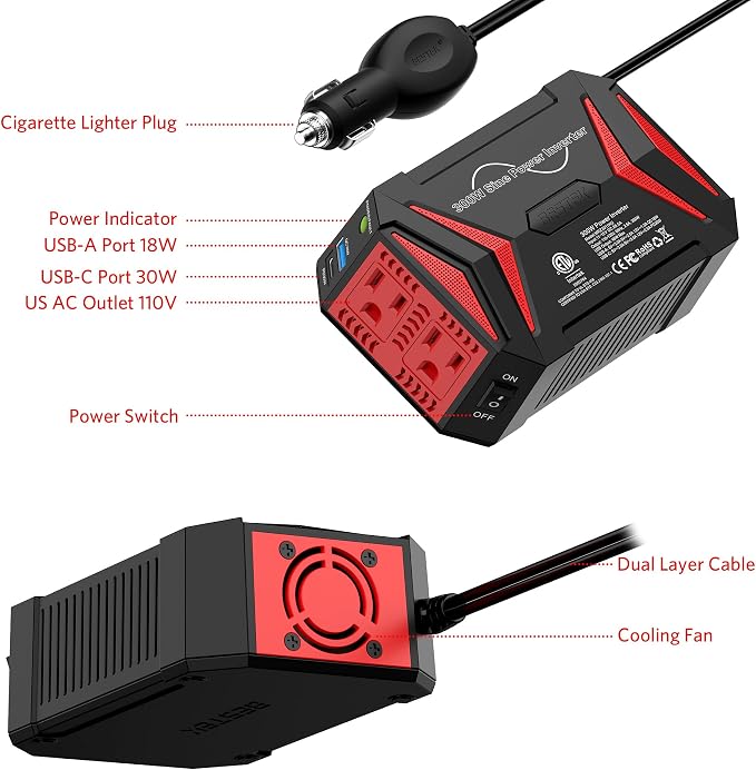 BESTEK 300Watt Pure Sine Wave Power Inverter Car Adapter DC 12V to AC 110V - Image 7