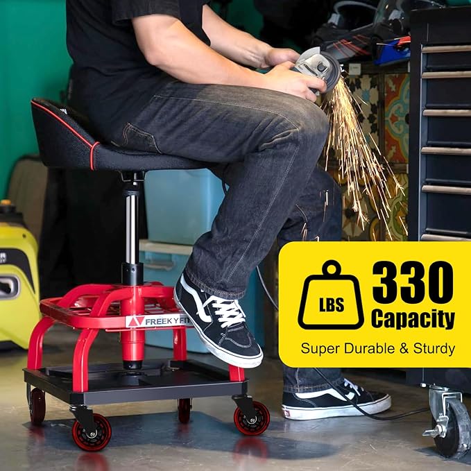 Rolling Stool with Red Wheels, Heavy Duty Garage Work Mechanic Rolling Shop - Image 8