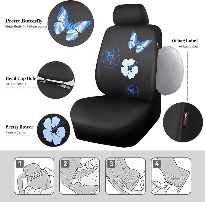 CAR PASS Blue Butterfly Car Seat Covers Full Set, Embroidered Flower Waterproof - Image 4