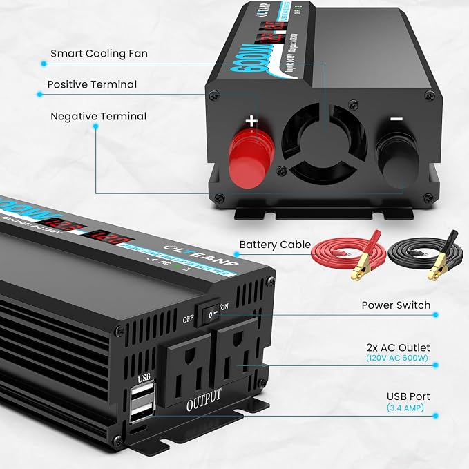 600W Power Inverter Pure Sine Wave Inverter 12V DC to 120V AC Converter - Image 7