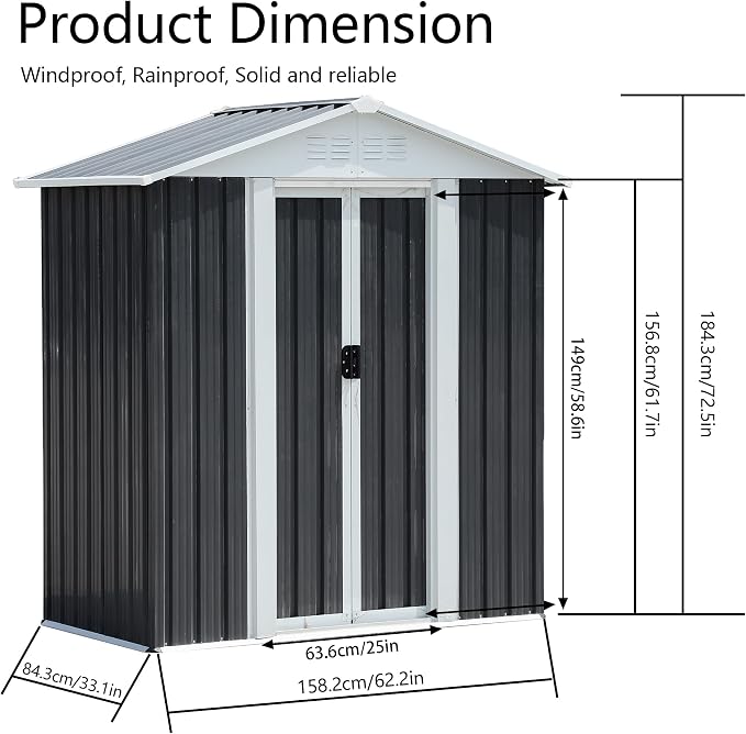 5X3 FT Outdoor Storage Shed, Waterproof Metal Garden Sheds w/Lockable Sliding - Image 3