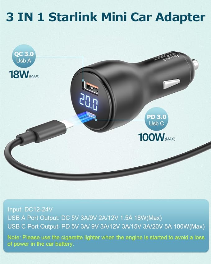 3 in 1 Starlink Mini Cable Cigarette Lighter 10FT Car Adapter - Image 3