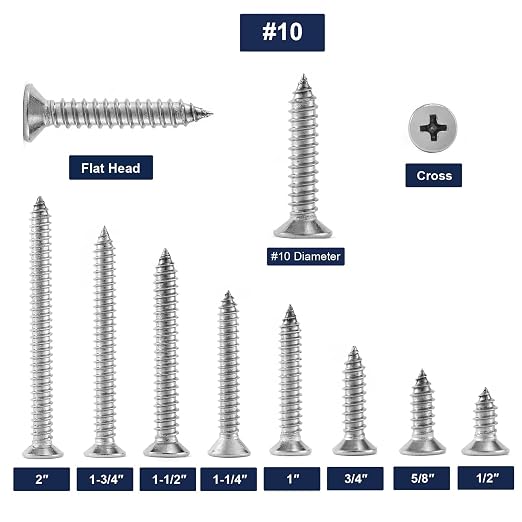 #10 x 1-1/2" Wood Screw 100Pcs 18-8 Stainless Steel Screws Flat Head Phillips - Image 3