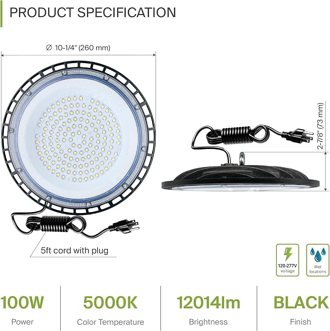 ASD LED High Bay UFO Light Fixture, Commercial Shop Lighting | Plug & Play Cable - Image 2