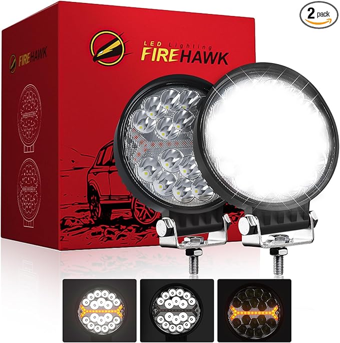 Firehawk LED Light Pods Bar 4 Inch 30000LM 60W Round Spot Flood Amber White by FIREHAWK