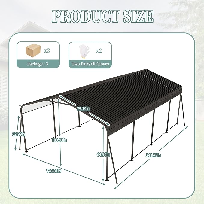 12x20 FT Metal Carport, Heavy Duty Car Port Canopy - Image 6