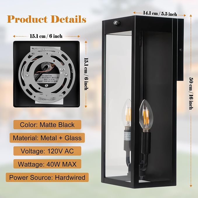 16” Dusk to Dawn Outdoor Lighting, 2 Pack Black Modern Porch Outside Lights - Image 7
