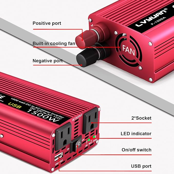 Power Inverter 700W/1500W Dual AC Outlets and USB Charging Port DC 12V to 110V - Image 3