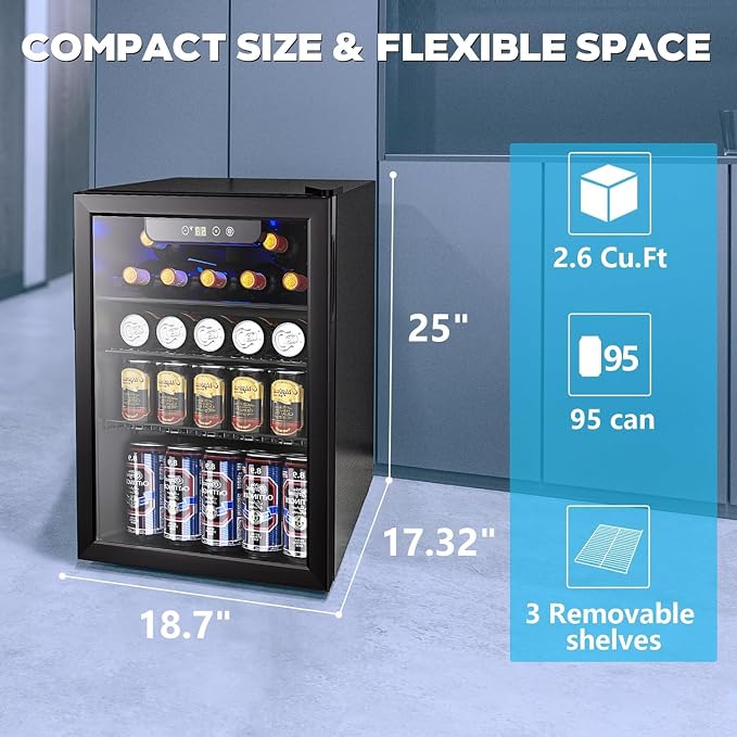 26 Bottle Wine Cooler, 95 Cans Beverage Refrigerator, 2.6 cu.ft Drink Fridge - Image 2