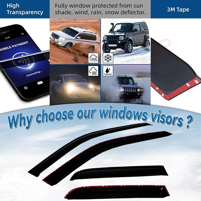 4pcs Front+Rear Smoke Sun/Rain Guard Outside Mount Tape-On Window Visors - Image 2