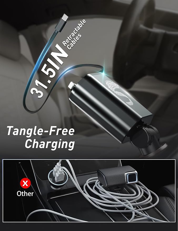 Retractable Car Charger USB C Fast Charging 120W, Car Accessories Cigarette - Image 3