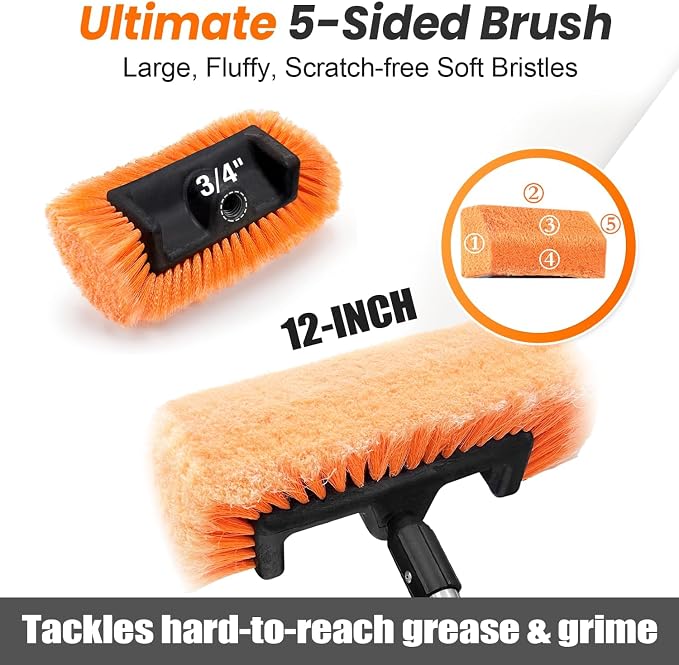 65" Car Wash Brush with Extension Pole, Car Wash 12" Dip Soft Five-Sided Brush - Image 2