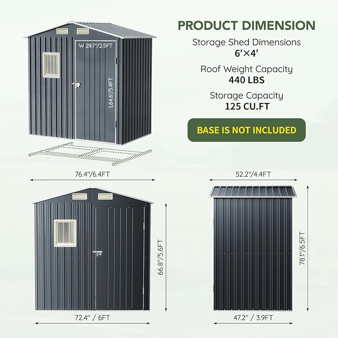 6x4 FT Outdoor Metal Storage Shed, Single Door, 1 Clear Window, Tool Shed - Image 2
