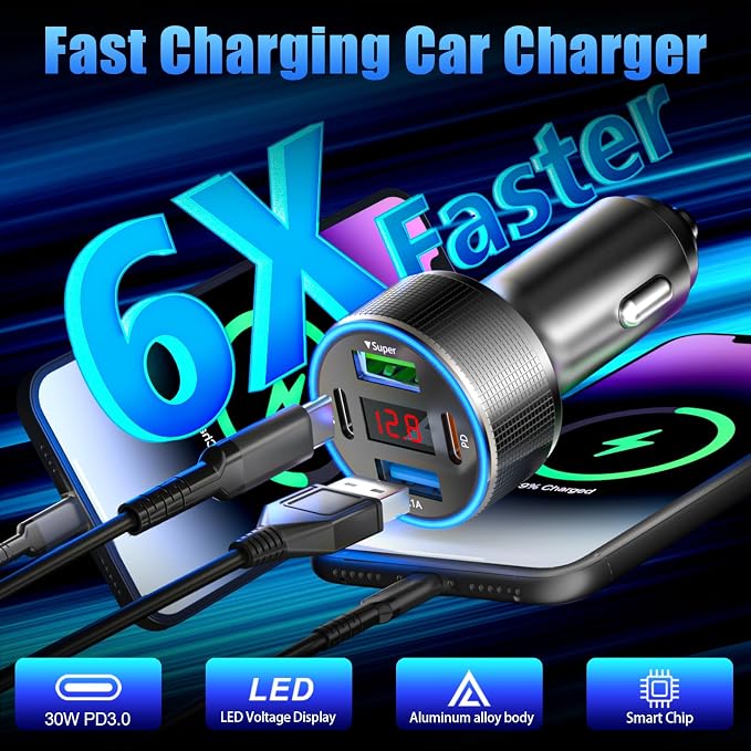 USB C Car Charger, 78W 4 Port Car Phone Charger Adapter Fast Charging, Dual USB - Image 2