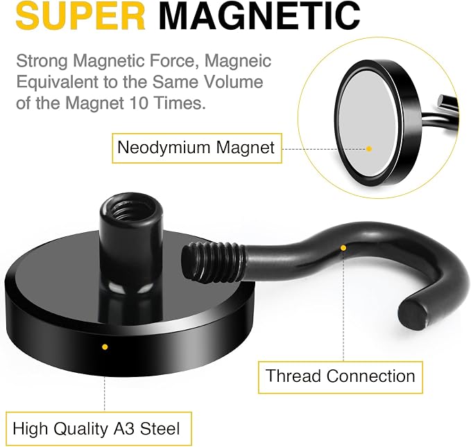 DIYMAG Black Magnetic Hooks, 118 LB Heavy Duty Strong Magnet - Image 3