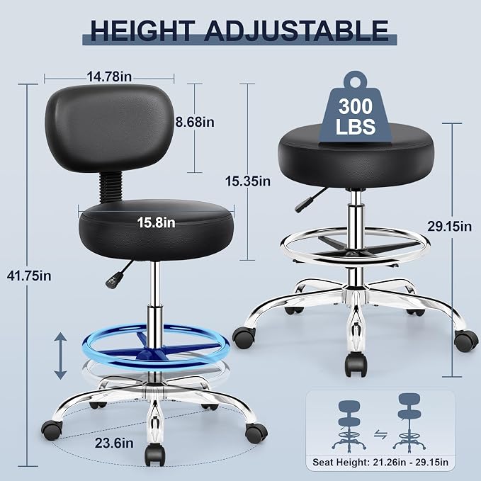 Drafting Chair with Backrest – Adjustable Foot Rest Rolling Stool with Wheels - Image 3