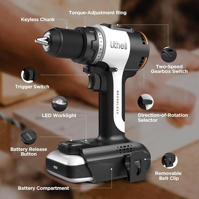 Litheli Cordless Drill Driver, Brushless Electric Power Drill - Image 7