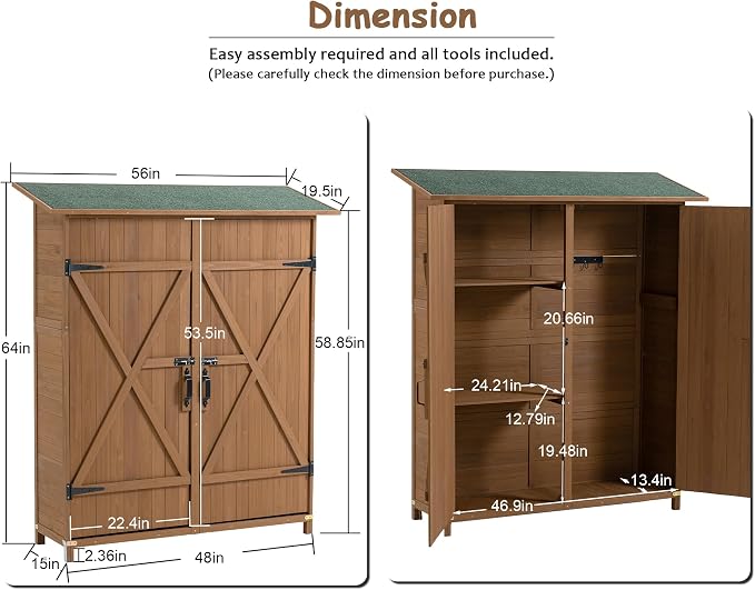 56" L x 19.5" W x 64" H Tall Outdoor Wooden Storage Shed - Image 2